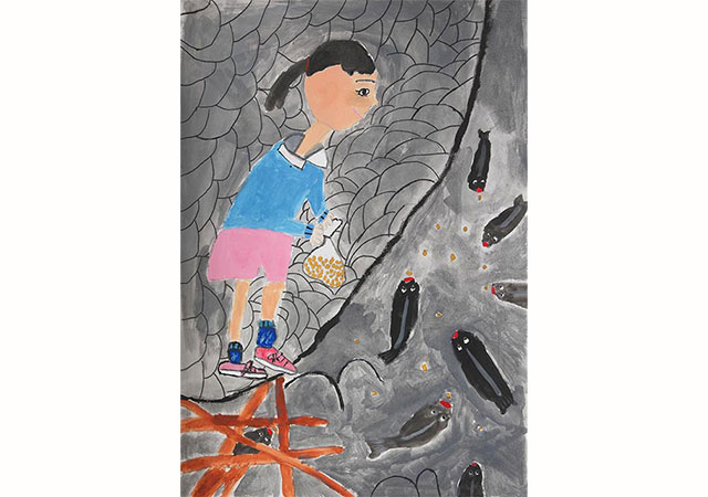 図画作品タイトル「コイにえさやり」