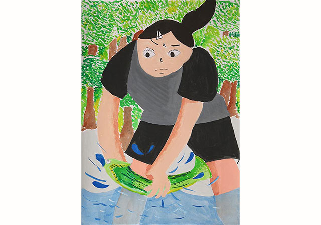 図画作品タイトル「初めての体験でつかみ取ったあゆ」