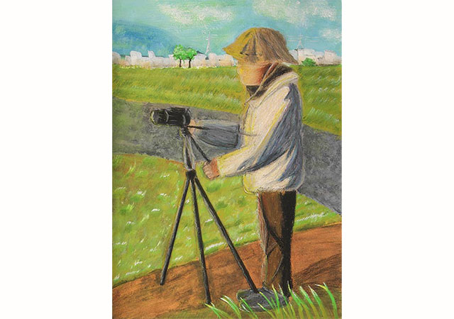 図画作品タイトル「朝日を撮る祖父」