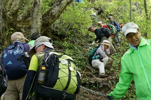 先に登頂したグループが下りて来た。入れ替えでないと、ゴール地点が狭くて入りきれないからだ。