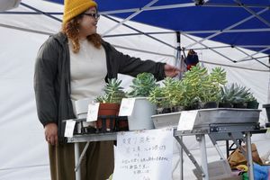 同じブースの一角で、須賀川「花工房」の多肉植物も販売。お互い様の精神だ。