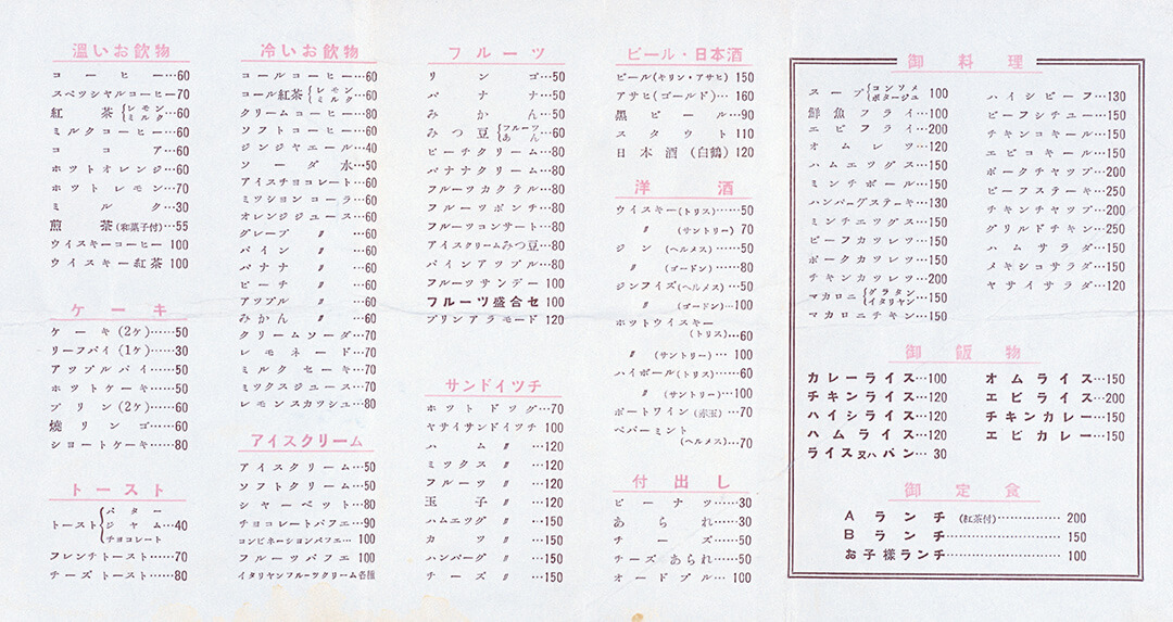 川徳 食堂のメニュー(推定:昭和40年前半)