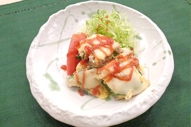 豚肉のニラ玉チーズ焼き